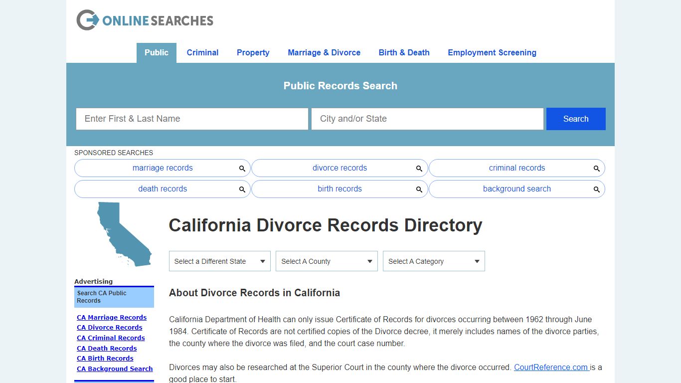 California Divorce Records Search Directory - OnlineSearches.com